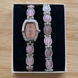 Côte d’Azur Quartz Pink Gemstone Silver Tone Fashion Watch & Matching Bracelet
